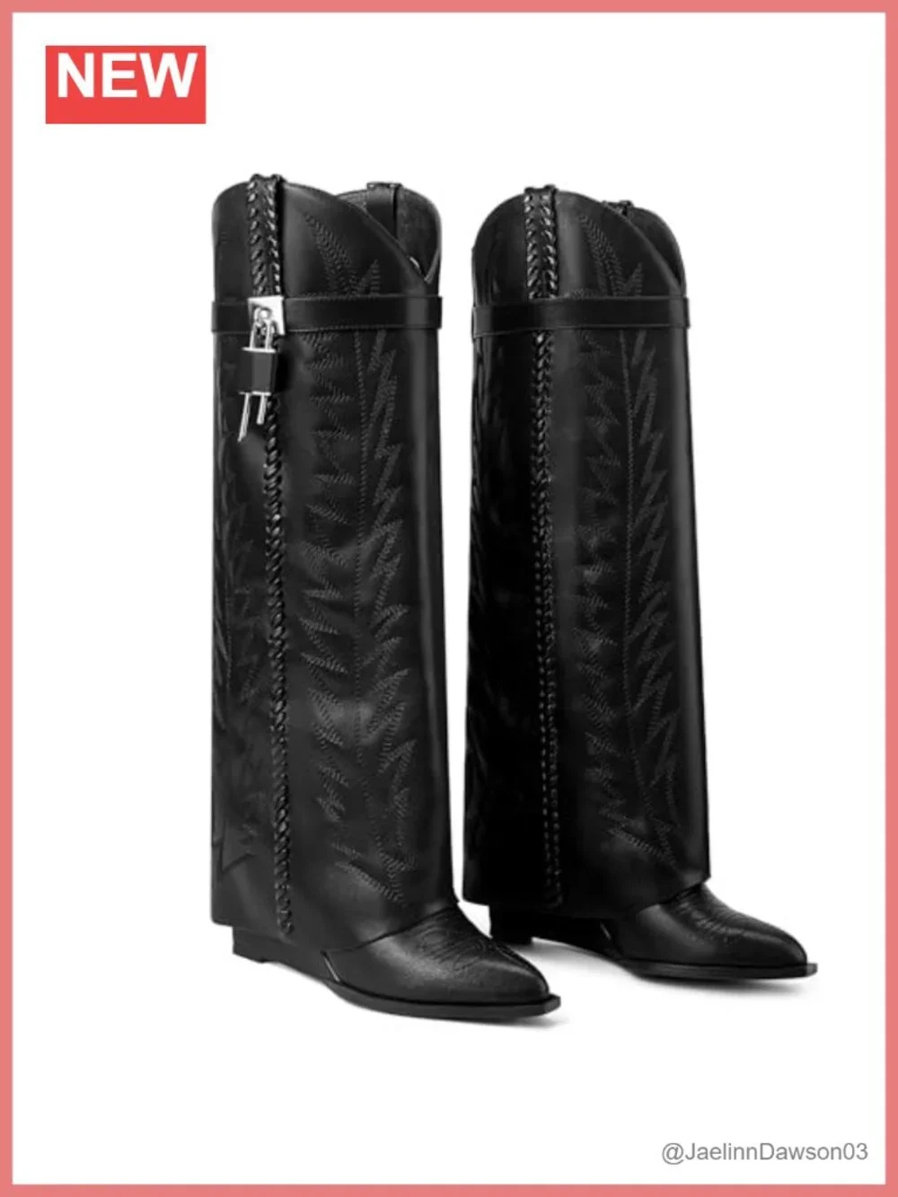 Faux Leather & Denim Fold Over Knee High Western Embroidered Wedge Heel Boots